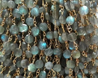50% OFF 5 Feet Natural Labradorite Faceted Coin Beaded Chain - 24k Gold Plated Wire Wrapped Chain - Faceted Rosary Beaded Chain
