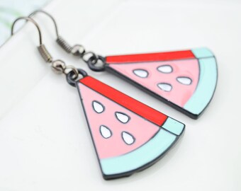 Watermelon earrings - earrings fruits - red earrings - funky - costume jewelery - BO rockabilly - neon - Tropical