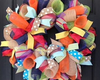 Summer wreath - spring wreath - summer decor - fiesta decor - summer burlap wreath - color wreath - summer door decor - summer front door -