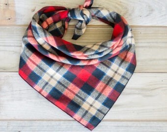 Red Blue Plaid Bandana, Plaid Dog Bandana, Flannel Dog Bandana, Tie On Bandana