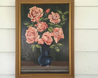 Vintage Paint by Numbers Roses in Vase Painting in Wooden Frame