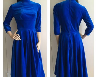 Petite Vintage Electric Blue Velvet Dress - Winter Fashion - 80s - 50s - xxs - FREE SHIPPING