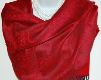 Paisley Print Pashmina Scarf.Red and Black Pashmina/Shawl.Winter Scarves.Elegant Pashmina Scarf.Evening Scarves/Shawl/Wrap.Red & Black Scarf