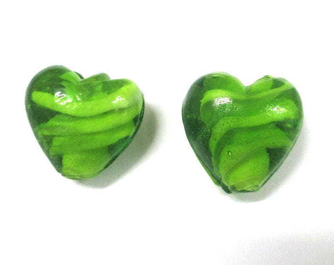 2 beads 18mm green colored glass heart