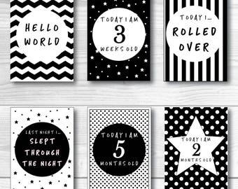 Baby Milestone Cards Printable PDF Download Print At Home Black White Monochrome Unisex Baby Shower Gift Animal Cute