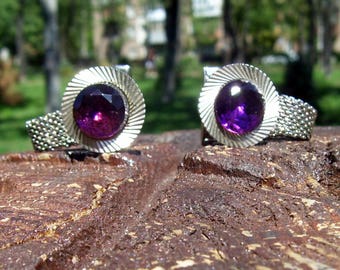 Vintage Metal Gufflinks Soviet Cufflinks Lilac Stone