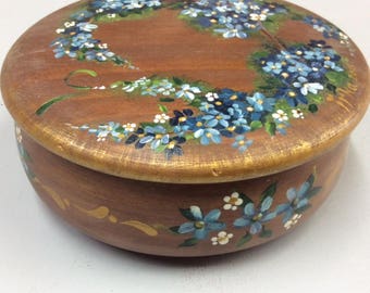Small Round Wooden Box Painted with Forget-Me-Nots