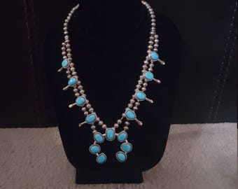 Native American Navajo Turquoise Sterling Silver Squash Blossom Necklace Signed