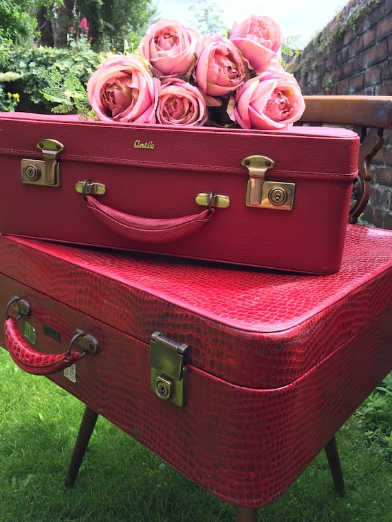 RED Vintage Suitcase Stack | Retro Luggage | Retro Suitcase | Red Retro Vanity Case | Leather Croc Skin Suitcase | Red Home Decor