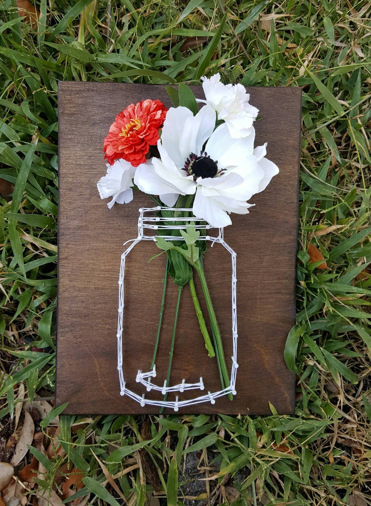 Mason Jar String Art With Silk Flowers Made to Order Home