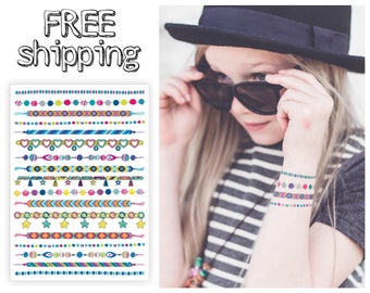 Temporary tattoo set of bracelets "Arm candy". Chain with charms, hippie friendship bracelets. Girls gift, party bag supply. TA049