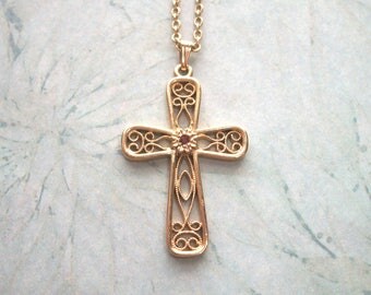 Vintage Signed Sarah Cov Cross Pendant Necklace,Red pink rhinestone,filigree,gold tone,18",petite,Catholic,Religious,Christian
