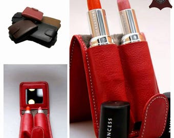 Bella Leather Double Lipstick Case Holder with Mirror
