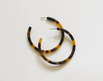VACATION SALE Tortoise Hoop Earrings Large Open Hoop Minimalist Handmade Hoops