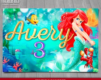Litte Mermaid Backdrop - Disney Mermaid Poster - PERSONALIZED - Princess Ariel Birthday Decoration Sign Party Printable Signage