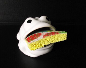 Cute Ceramic Frog Sponge Holder For Kitchen Sink - 4.7 Inch Decorative Countertop Sponge Caddy