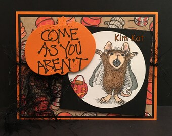 Halloween Card Pop Up 3D House Mouse Vampire Dracula Pumpkin Come As You Aren't Stampin Up OOAK Mixed Media Homemade
