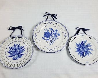 Blue Wall Plate Set, Three Cobalt Floral Design Ceramic Plates with Silk Ribbon Ties, Vintage 80s Décor