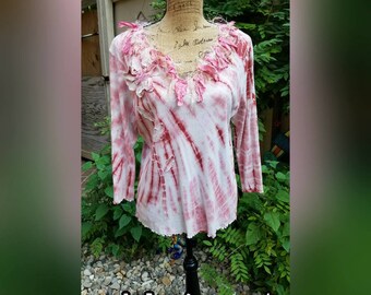 LARGE Tie Dye T Shirt, Women's Top Shirt Blouse, Concious Clothing BOHO Shabby Chic Mori Girl Steampunk Tie Dyed Tattered Frayed Trim