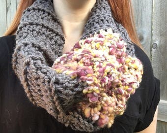 Funky bohemian art yarn cowl, Crochet Cowl, Infinity Scarf, purples and yellows