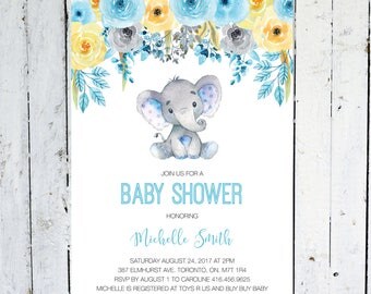 Baby Shower Invitation Boy, Elephant Baby Shower Invitation, Blue, Yellow, Gray, Floral, Watercolor, Printable, Printed