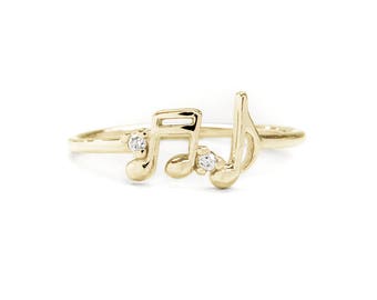 Music Note Diamond Ring, Sixteenth and Eighth Music Note Ring, 14k Solid Gold Diamond Ring, Birthstone Ring, Dainty Diamond Ring