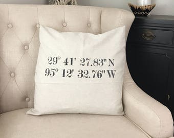 GPS Coordinates Pillow - Coordinates Decor - Latitude Wedding Longitude - Engagement Latitude - Honeymoon Memento - New Farmhouse Pillow