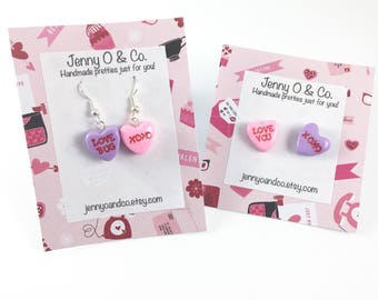 Candy Heart Earrings, Valentines Day Earrings, Conversation Heart Earrings, Single Charms, Proposal Gift, Gifts for Her