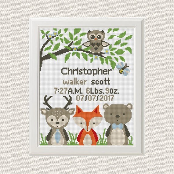 Cross stitch baby birth sampler birth announcement animals