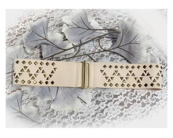 tan beige wide stretch gold buckle belt -elastic stretch cinching belt -wide elastic belt -off white adjustable belt - waist M-L # 62