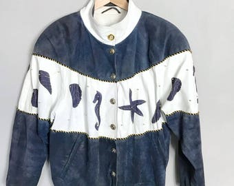 VINTAGE • Sea animals • Suede Leather Jacket • M / L • Marine • Rarity • Leather Jacket • White • Gold buttons • Dark Blue • 80's Jacket