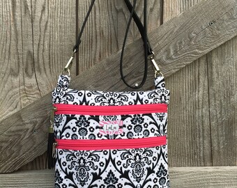 Crossbody Bag in a Damask Fabric, Hip Bag, pu leather strap