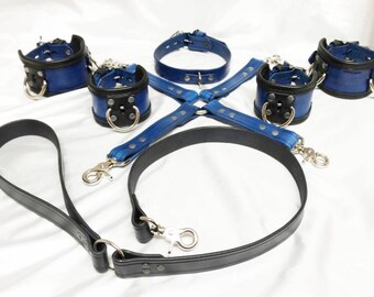 Leather BDSM Set - 7 Piece/Mature/Fetish/Bdsm Collar/Bdsm Cuff/Locking Slave Collar/Submissive Collar/Ankle Cuffs/Submissive Leash/BDSM Toys