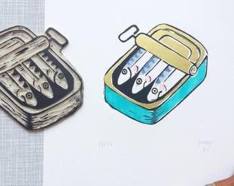 Sardines 5 color 'A4 limited edition (20) handprinted linocut print'