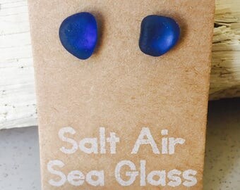 Cobalt blue sea glass sterling silver stud earrings, gifts for her