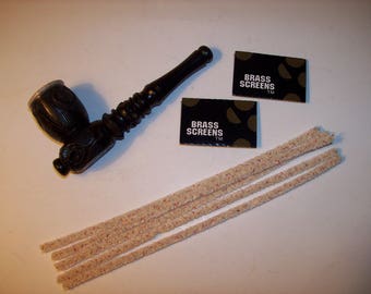 Ebony Wood Smoking Pipe 4.0" Length with 10 Piece Screens and 5 Pipe Cleaners