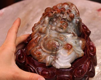 Carved Jade Prosperity Buddha on a Money Frog with Stand