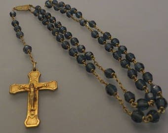 Vintage deep BLUE SAPPHIRE faceted glass crystal & gold tone ROSARY
