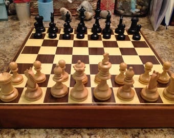 Vintage Drueke's Wooden Chessmen and Board.