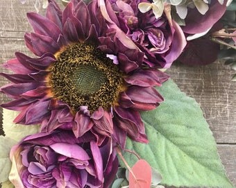 Fall wreath sunflower wreath purple wreath year round wreath door wreath Mother's Day wreath Housewarmomg wreath door wreath door decor