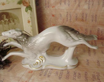 Large ,Vintage porcelain animal figurine ,dog,running greyhound stamped,handpainted,фарфоровая статуэтка