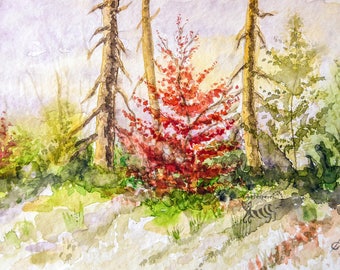 Original watercolor walking in the autumn road