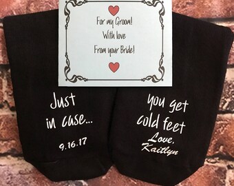 Just in case Groom Socks FREE sock wrapper Cold Feet Personalized name date option Please don't get cold feet Love Bride's name Dress Crew