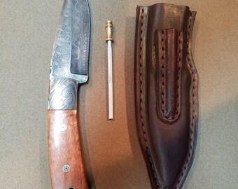 Raindrop damascus knife with leather case and mini sharpening steel. All hand made NICE KNIFE!