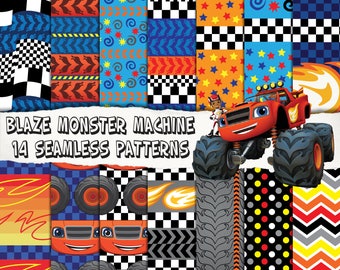 14 Blaze monster machine digital papers, seamles patterns, birthday party invitation, decoration, scrapbooking