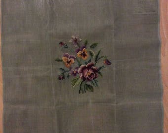 Vintage Preworked Needlepoint Canvas Lady Handicraft Floral Pansy Roses
