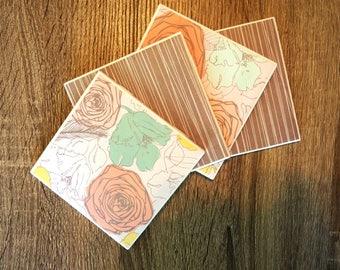 Floral Coasters; Set of 4 Coasters; Gray & Floral Coasters