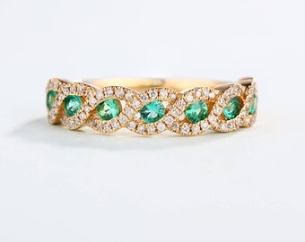 Emerald wedding band women diamond Half eternity Band Infinity Twisted Bridal set Delicate wedding Ring Stacking Anniversary Gift for her