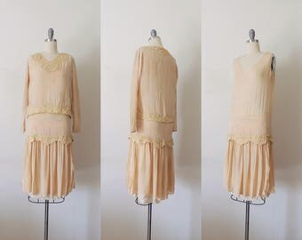 Antique early 1920s peach silk blouse & dress set | Edwardian 1910s lace embroidery | flapper dress | vintage 1920s 1910s dress | AS-IS | S