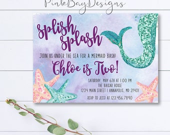 Mermaid Birthday Invitation, Mermaid Invitation, Under The Sea Party, Glitter Mermaid Invite, Pool Party, Little Mermaid, Mermaid Party
